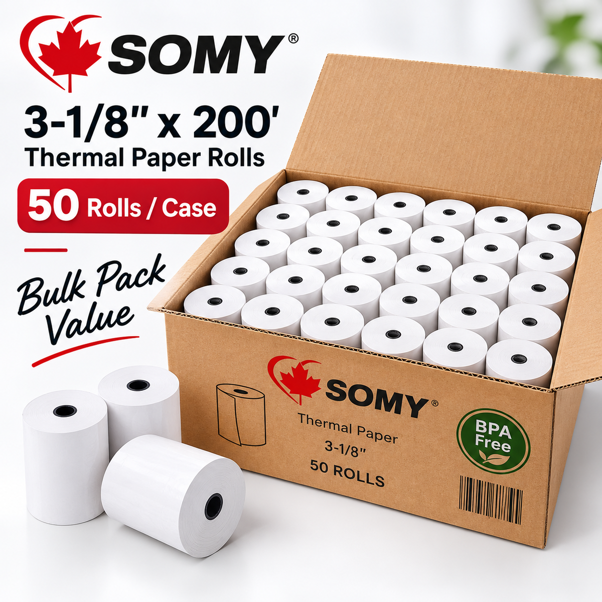 3 1/8" x 200' Premium BPA-Free Thermal Paper Rolls – Case of 50