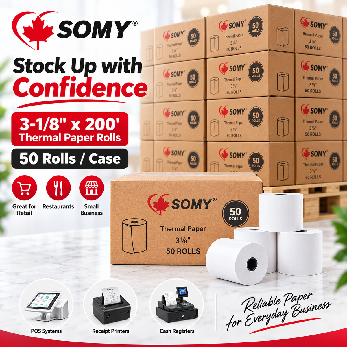 3 1/8" x 200' Premium BPA-Free Thermal Paper Rolls – Case of 50