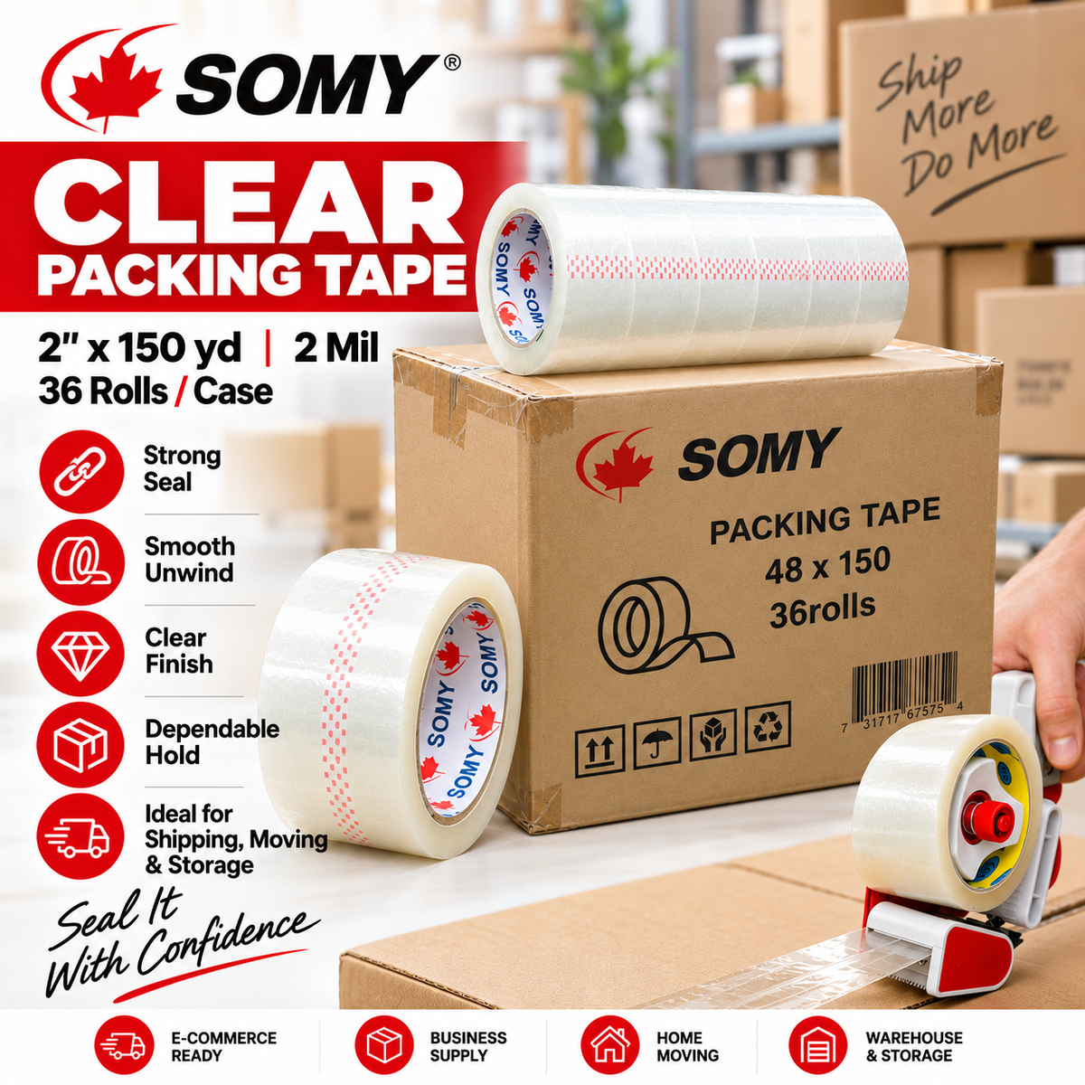 Clear Industrial Packing Tape – 2" x 150 Yards, 2 Mil, 36 Rolls/Box