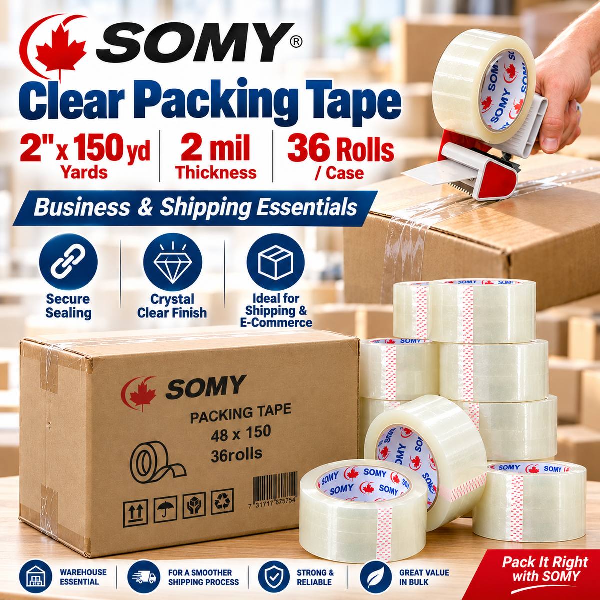Clear Industrial Packing Tape – 2" x 150 Yards, 2 Mil, 36 Rolls/Box