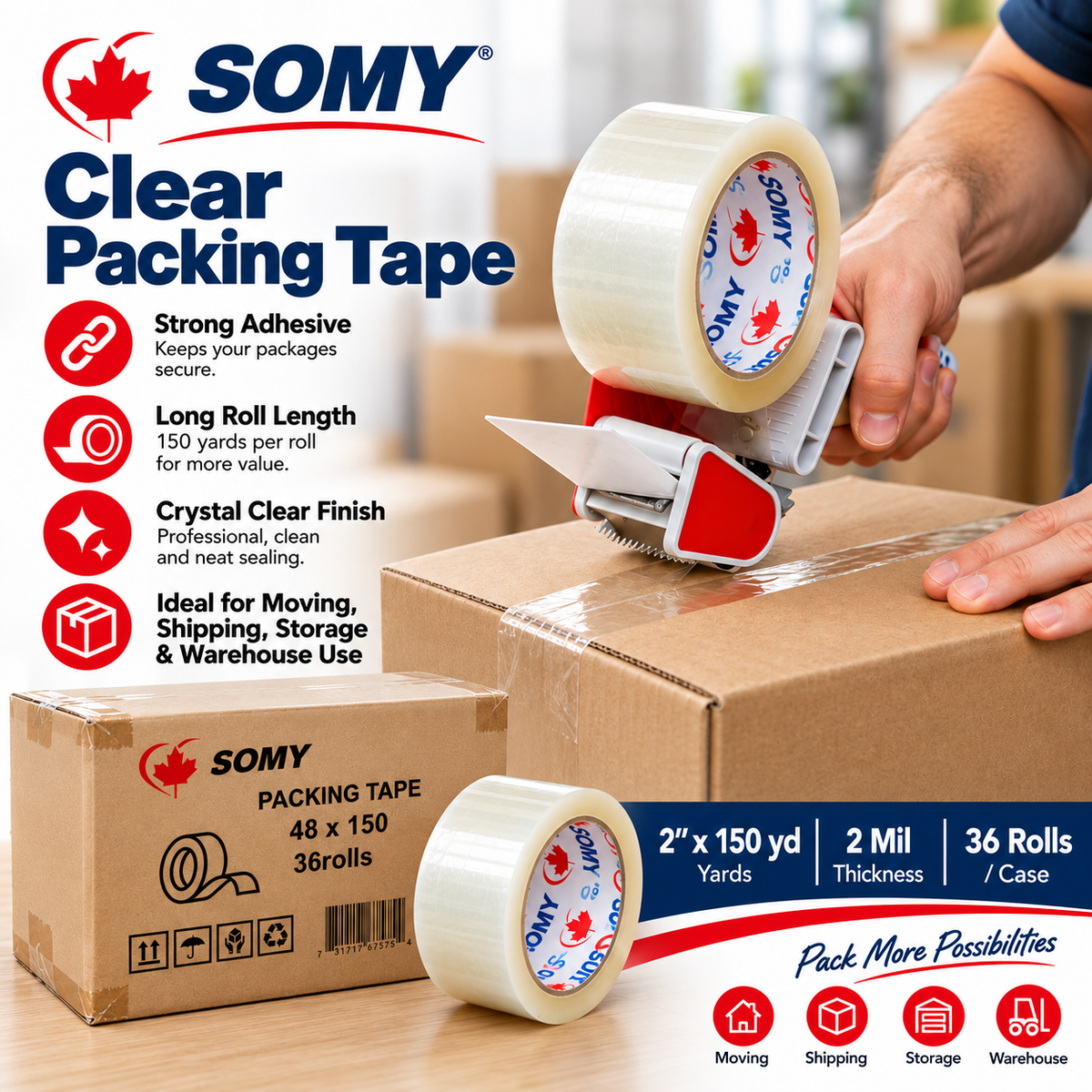 Clear Industrial Packing Tape – 2" x 150 Yards, 2 Mil, 36 Rolls/Box