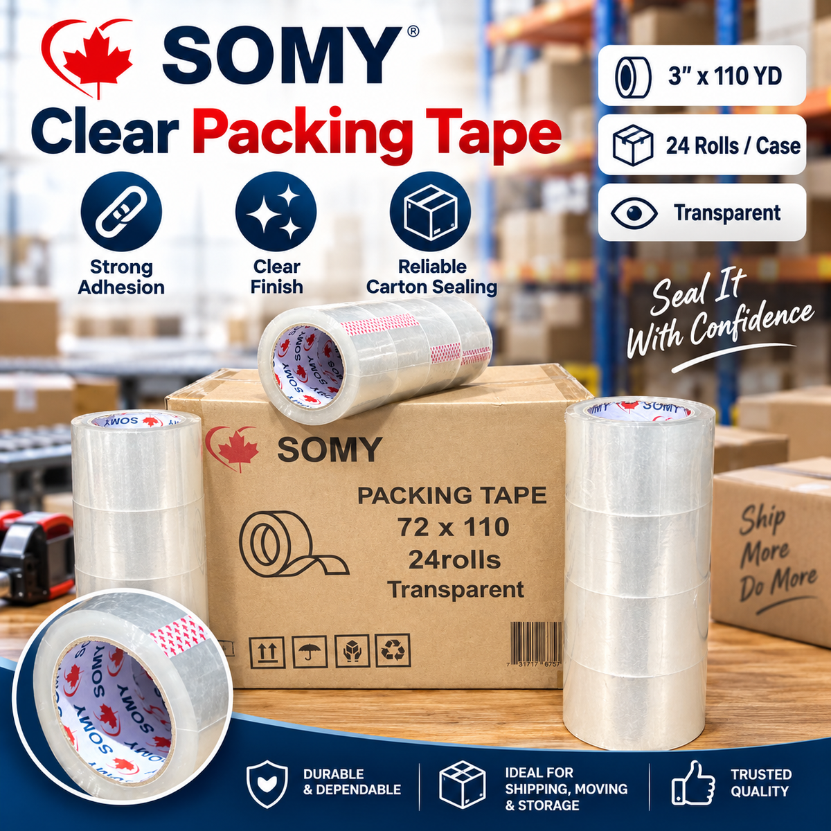 Clear Industrial Packing Tape – 3" x 110 Yards, 2 Mil, 24 Rolls/Box