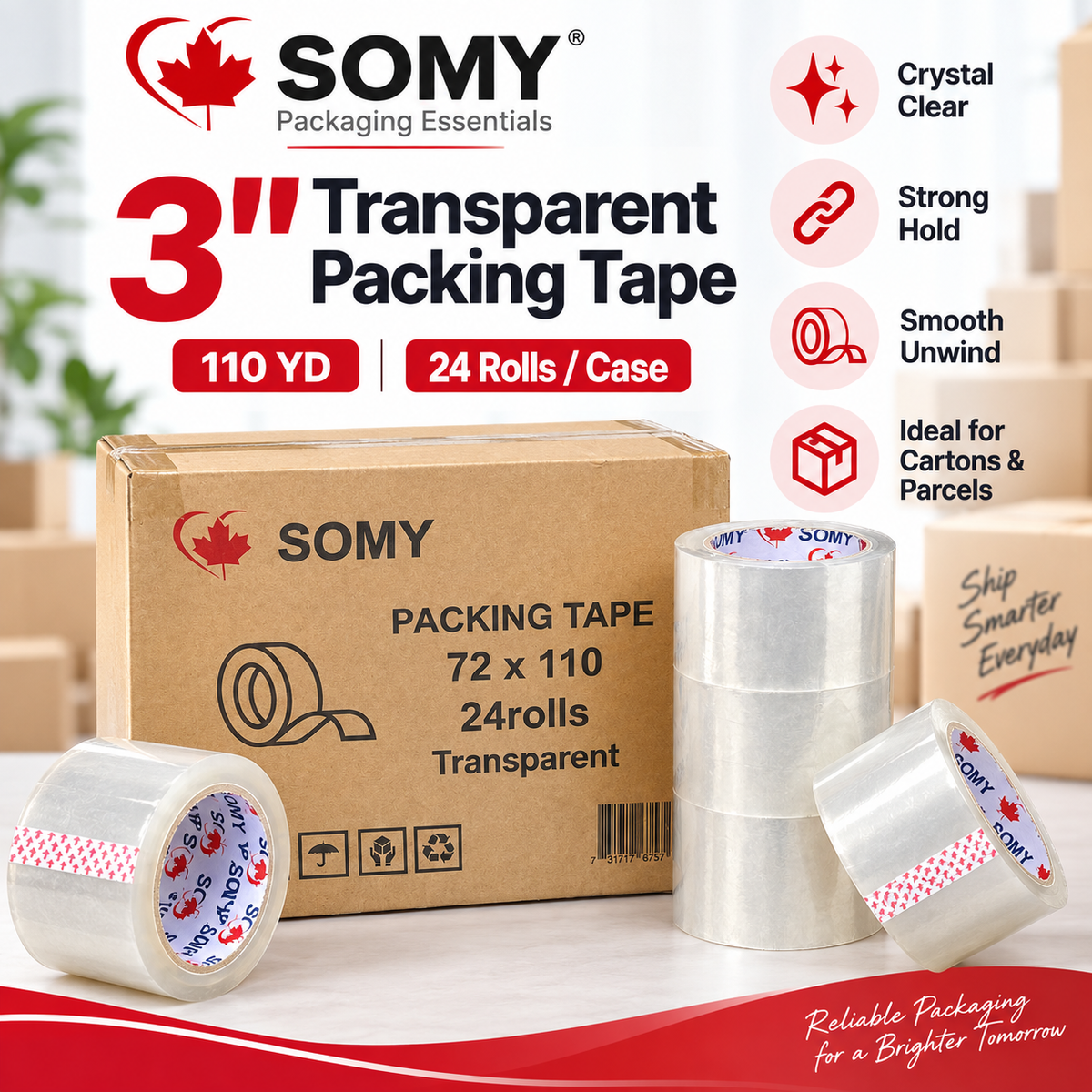Clear Industrial Packing Tape – 3" x 110 Yards, 2 Mil, 24 Rolls/Box