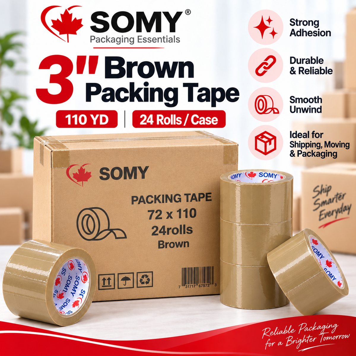 Brown Industrial Packing Tape – 3" x 110 Yards, 2 Mil, 24 Rolls/Box
