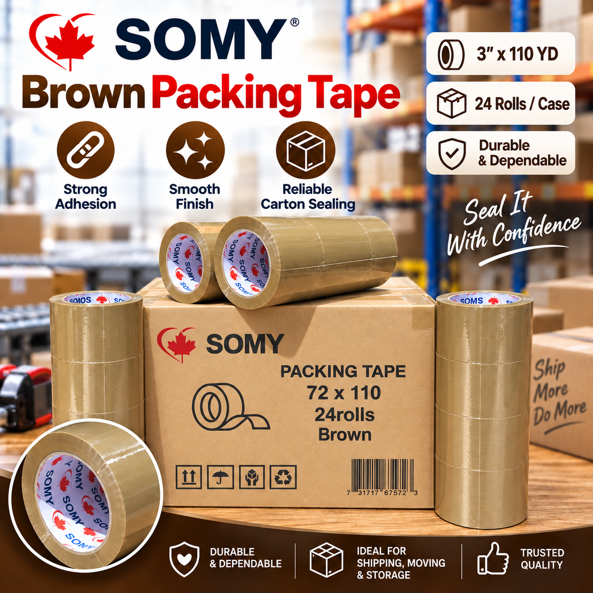Brown Industrial Packing Tape – 3" x 110 Yards, 2 Mil, 24 Rolls/Box