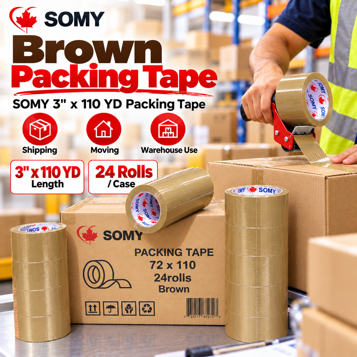 Brown Industrial Packing Tape – 3" x 110 Yards, 2 Mil, 24 Rolls/Box