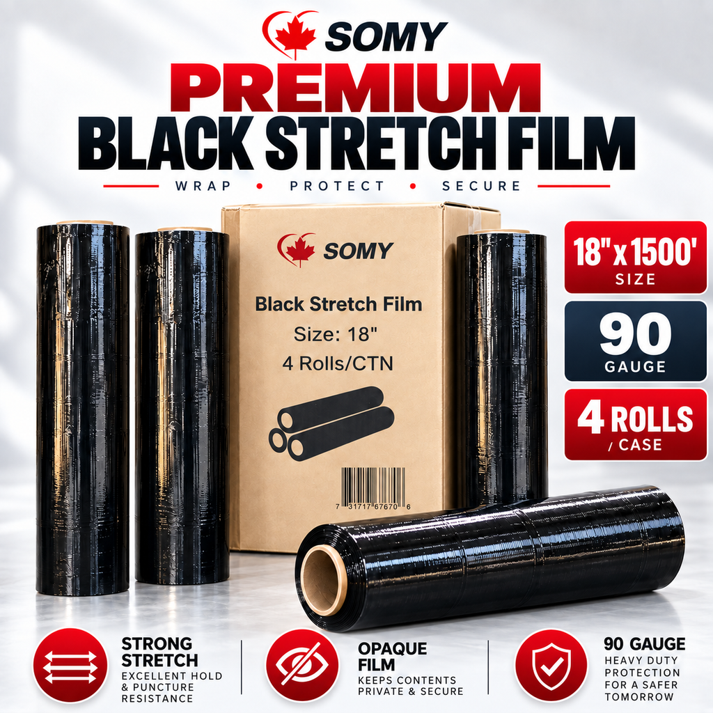 18" x 1,500' Black Stretch Film Wrap – 90 Gauge, 4 Rolls/Box