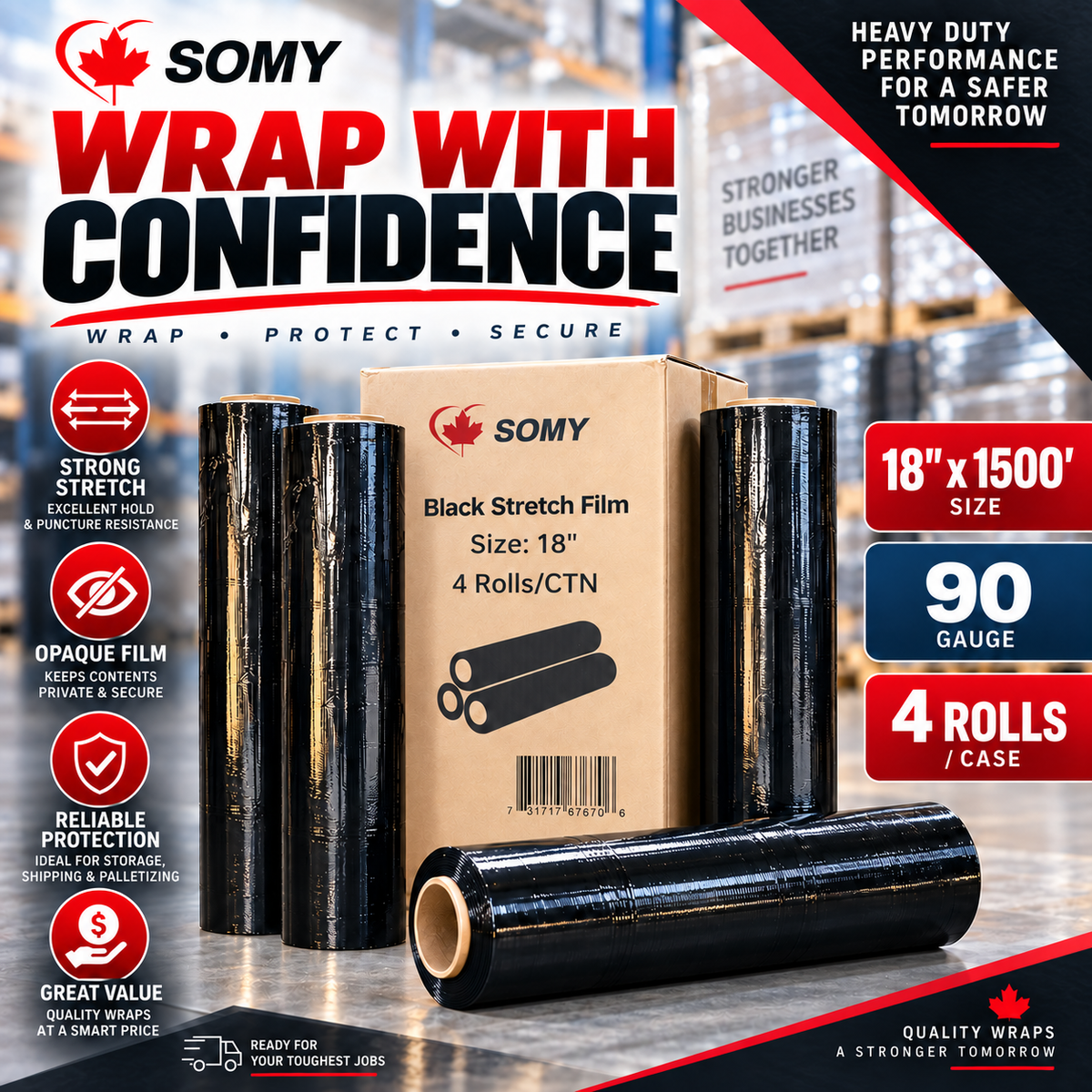 18" x 1,500' Black Stretch Film Wrap – 90 Gauge, 4 Rolls/Box