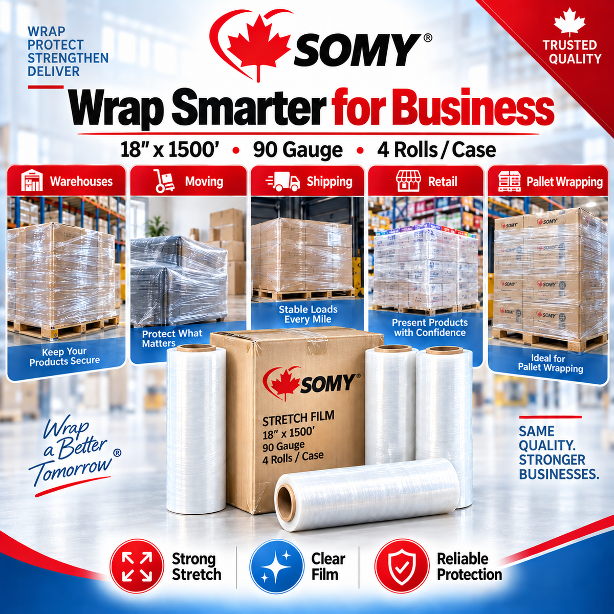 18" x 1,500' Stretch Film Wrap – 90 Gauge, 4 Rolls/Box