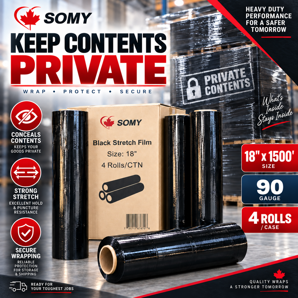 18" x 1,500' Black Stretch Film Wrap – 90 Gauge, 4 Rolls/Box