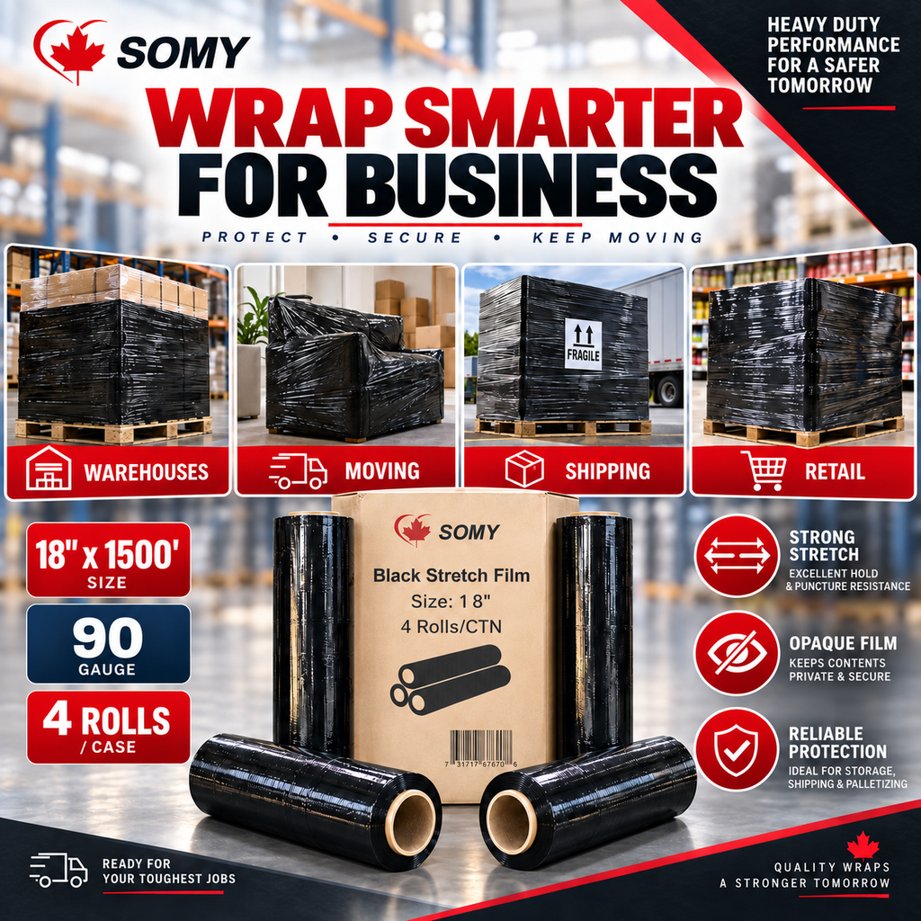 18" x 1,500' Black Stretch Film Wrap – 90 Gauge, 4 Rolls/Box