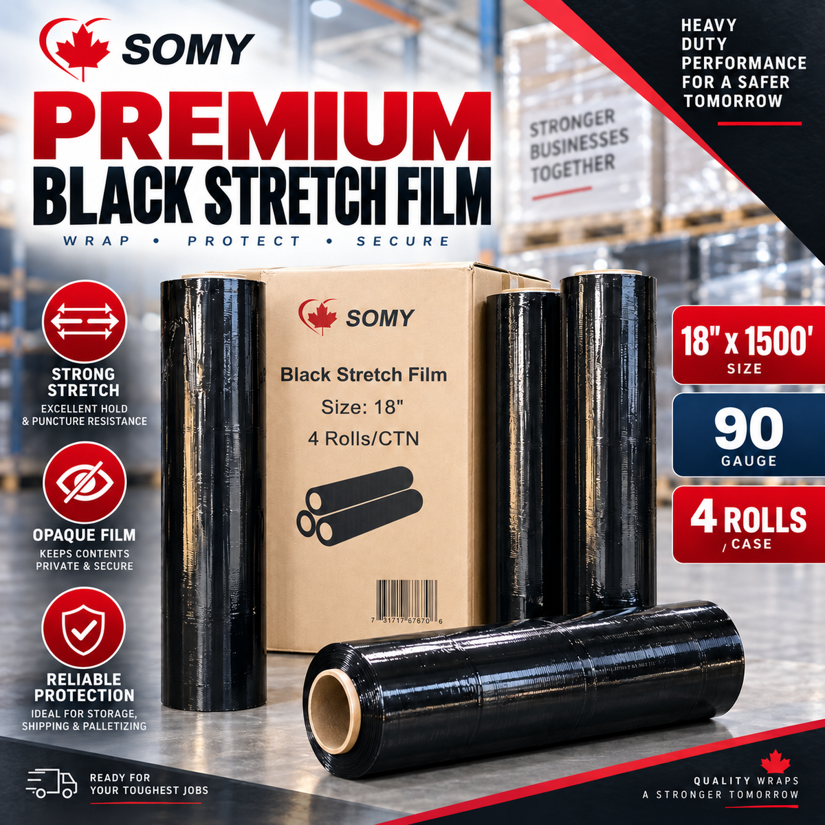 18" x 1,500' Black Stretch Film Wrap – 90 Gauge, 4 Rolls/Box