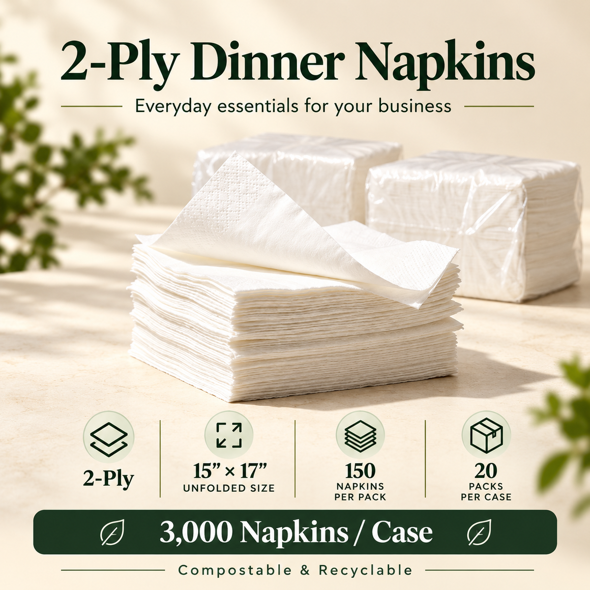 2-Ply Dinner Napkins – 15x17", 3,000/Case, Compostable & Recyclable