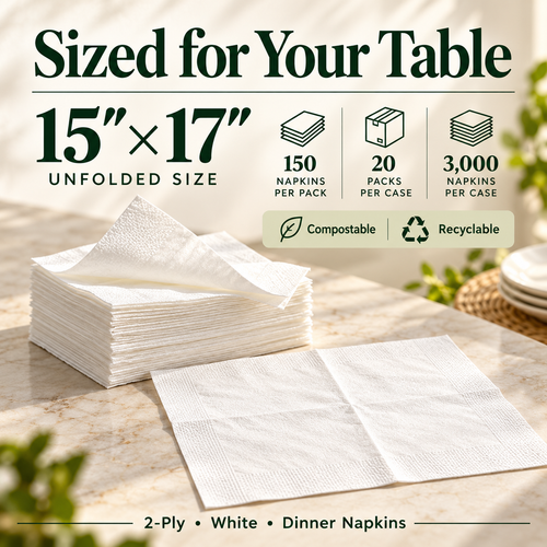 2-Ply Dinner Napkins – 15x17", 3,000/Case, Compostable & Recyclable
