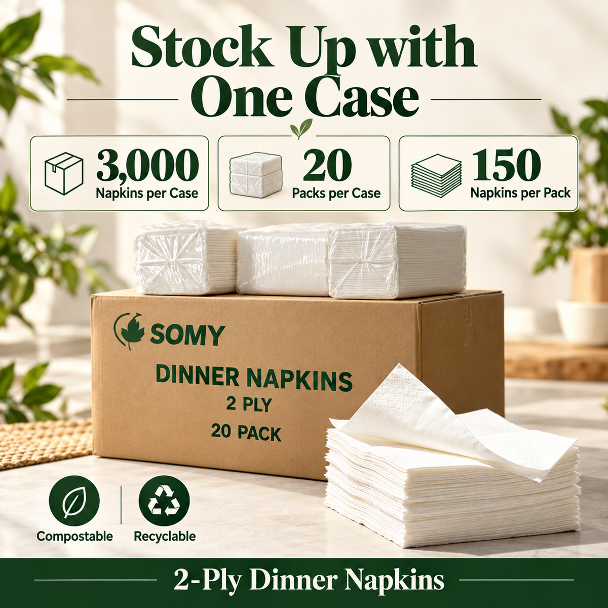 2-Ply Dinner Napkins – 15x17", 3,000/Case, Compostable & Recyclable