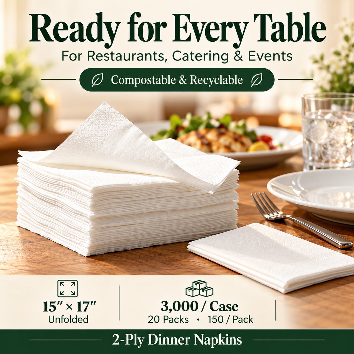 2-Ply Dinner Napkins – 15x17", 3,000/Case, Compostable & Recyclable