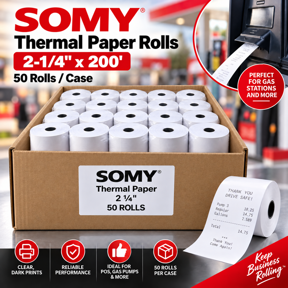 2 1/4" x 200' Thermal Paper Rolls – Case of 50