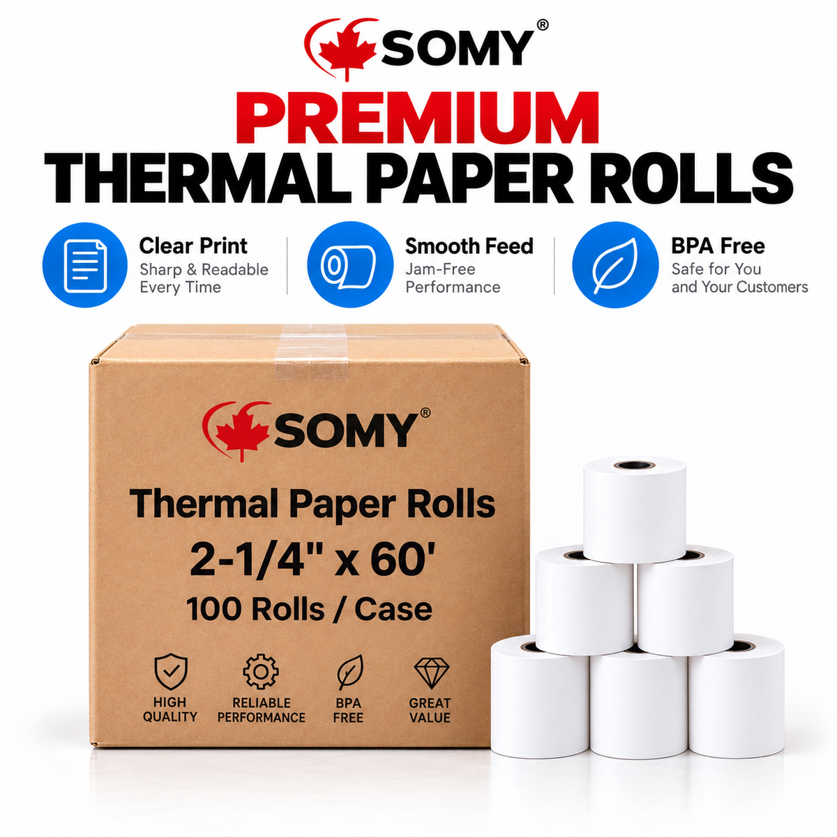 2 1/4" x 60' Thermal Paper Rolls – Case of 100