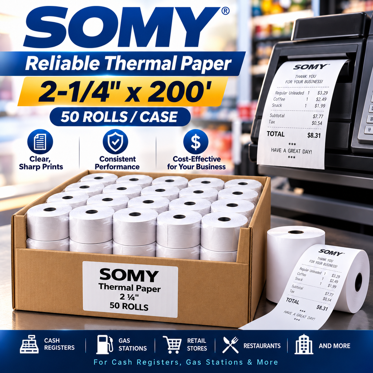 2 1/4" x 200' Thermal Paper Rolls – Case of 50