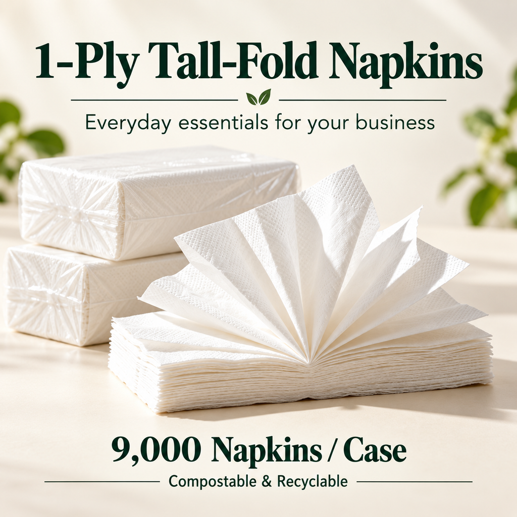 1-Ply Dinner Napkins – 13x6.7", 9,000/Case, Compostable & Recyclable