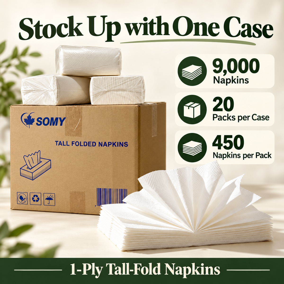 1-Ply Dinner Napkins – 13x6.7", 9,000/Case, Compostable & Recyclable