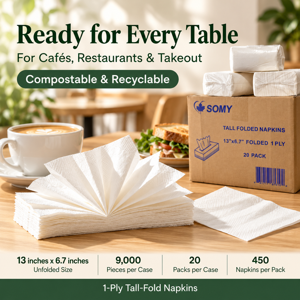 1-Ply Dinner Napkins – 13x6.7", 9,000/Case, Compostable & Recyclable