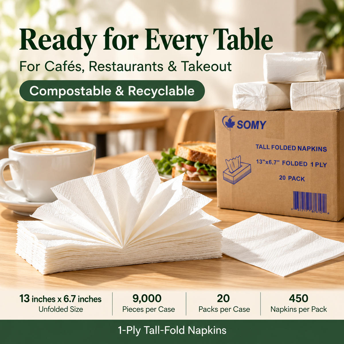 1-Ply Dinner Napkins – 13x6.7", 9,000/Case, Compostable & Recyclable