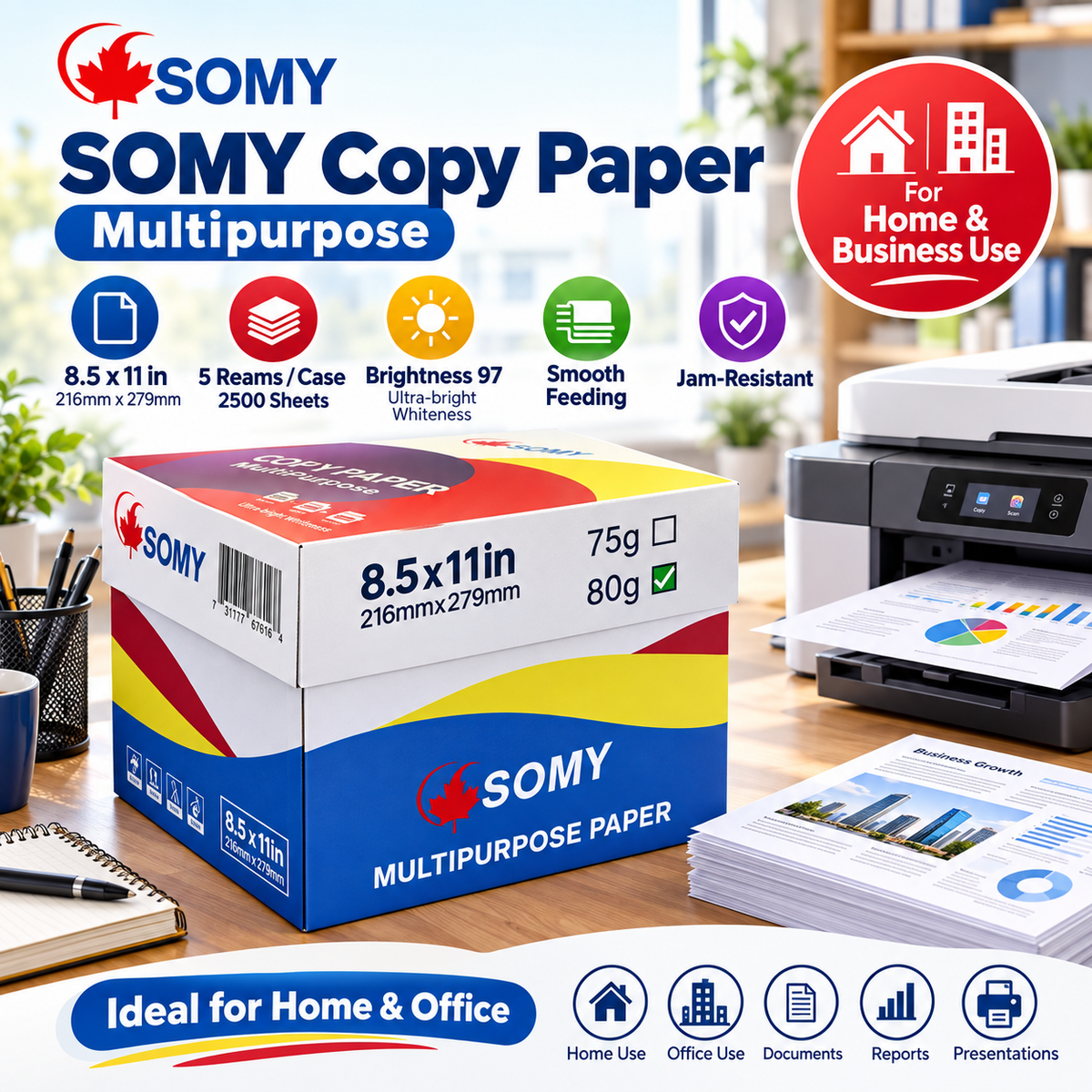 Printer & Copy Paper – 2,500 Sheets/Box, 5 Reams (8.5" x 11")