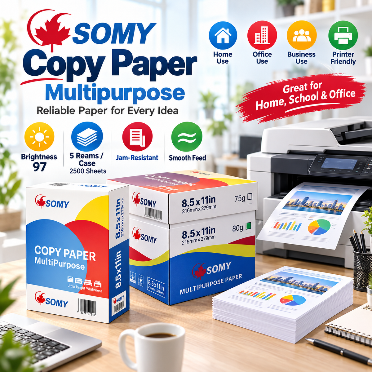 Printer & Copy Paper – 2,500 Sheets/Box, 5 Reams (8.5" x 11")