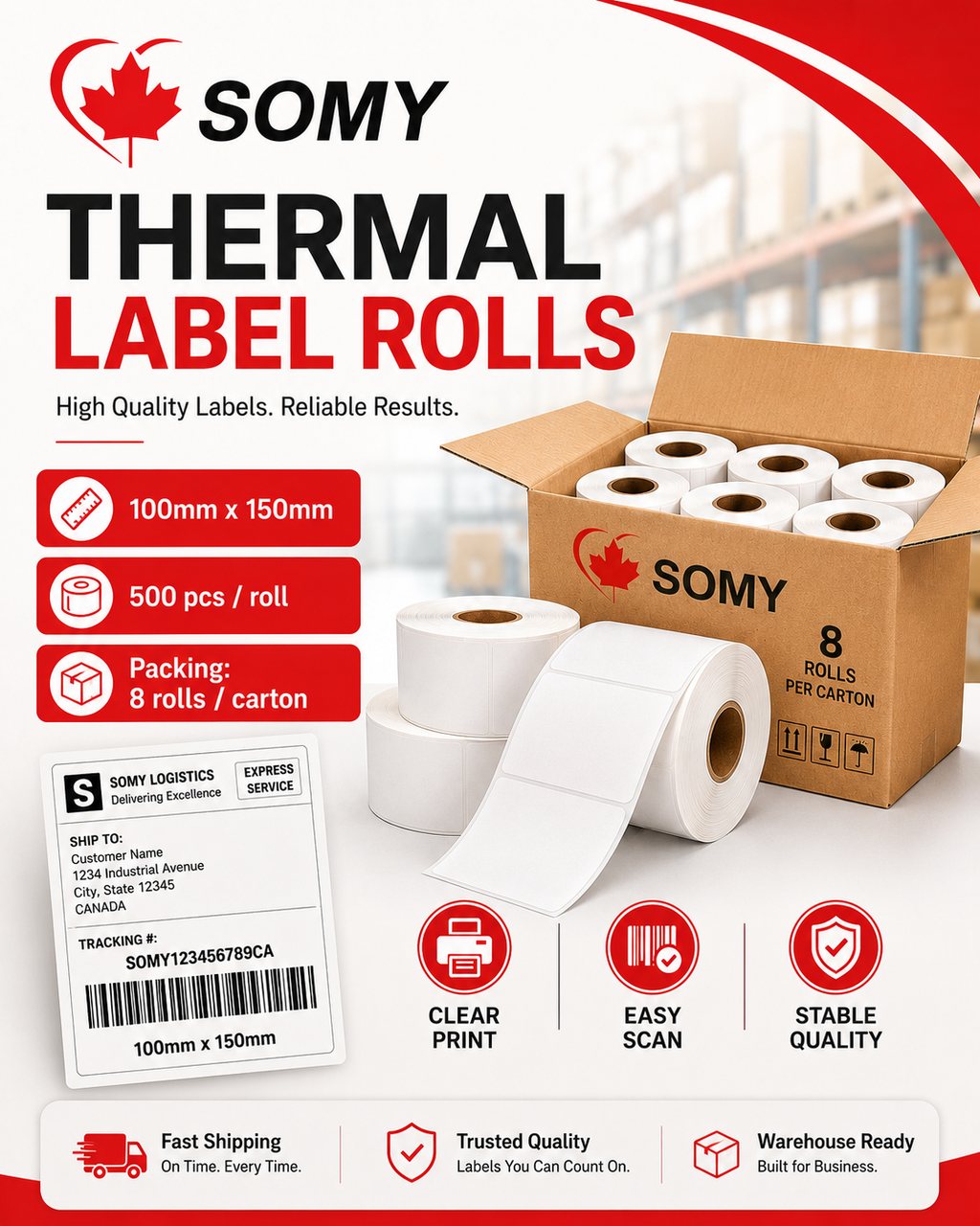 4" x 6" Thermal Shipping Labels – 500 Labels/Roll, 8 Rolls/Case