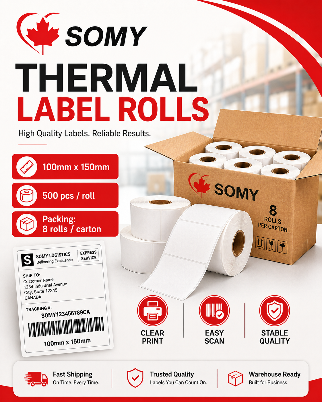 4" x 6" Thermal Shipping Labels – 500 Labels/Roll, 8 Rolls/Case
