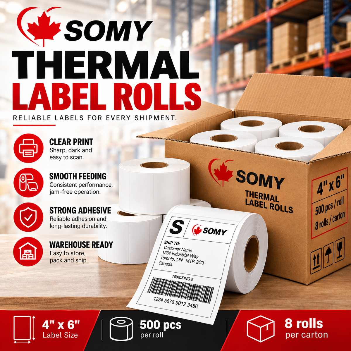 4" x 6" Thermal Shipping Labels – 500 Labels/Roll, 8 Rolls/Case