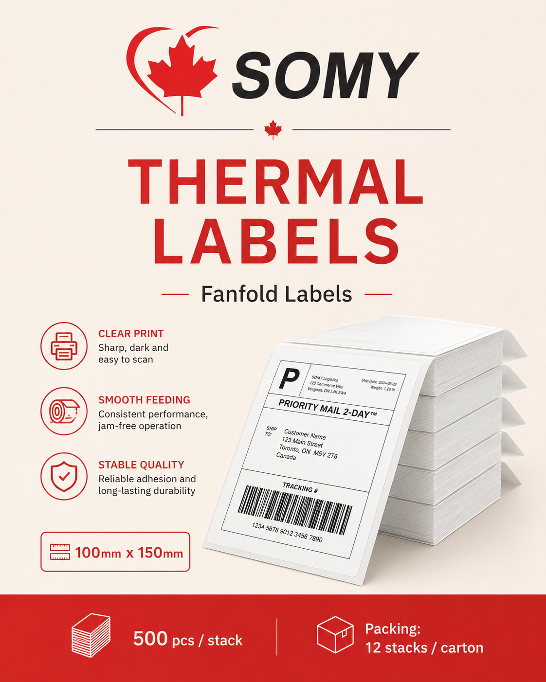 4" x 6" Thermal Shipping Labels – Fanfold, 500 Labels/Stack, 12 Stacks/Case