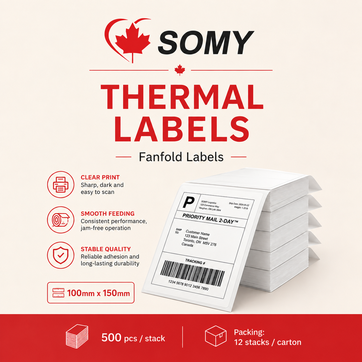 4" x 6" Thermal Shipping Labels – Fanfold, 500 Labels/Stack, 12 Stacks/Case