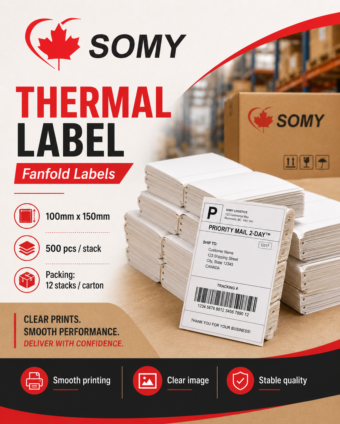 4" x 6" Thermal Shipping Labels – Fanfold, 500 Labels/Stack, 12 Stacks/Case