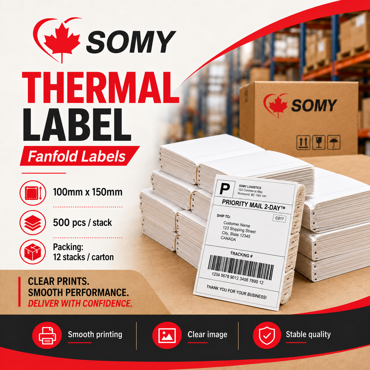 4" x 6" Thermal Shipping Labels – Fanfold, 500 Labels/Stack, 12 Stacks/Case