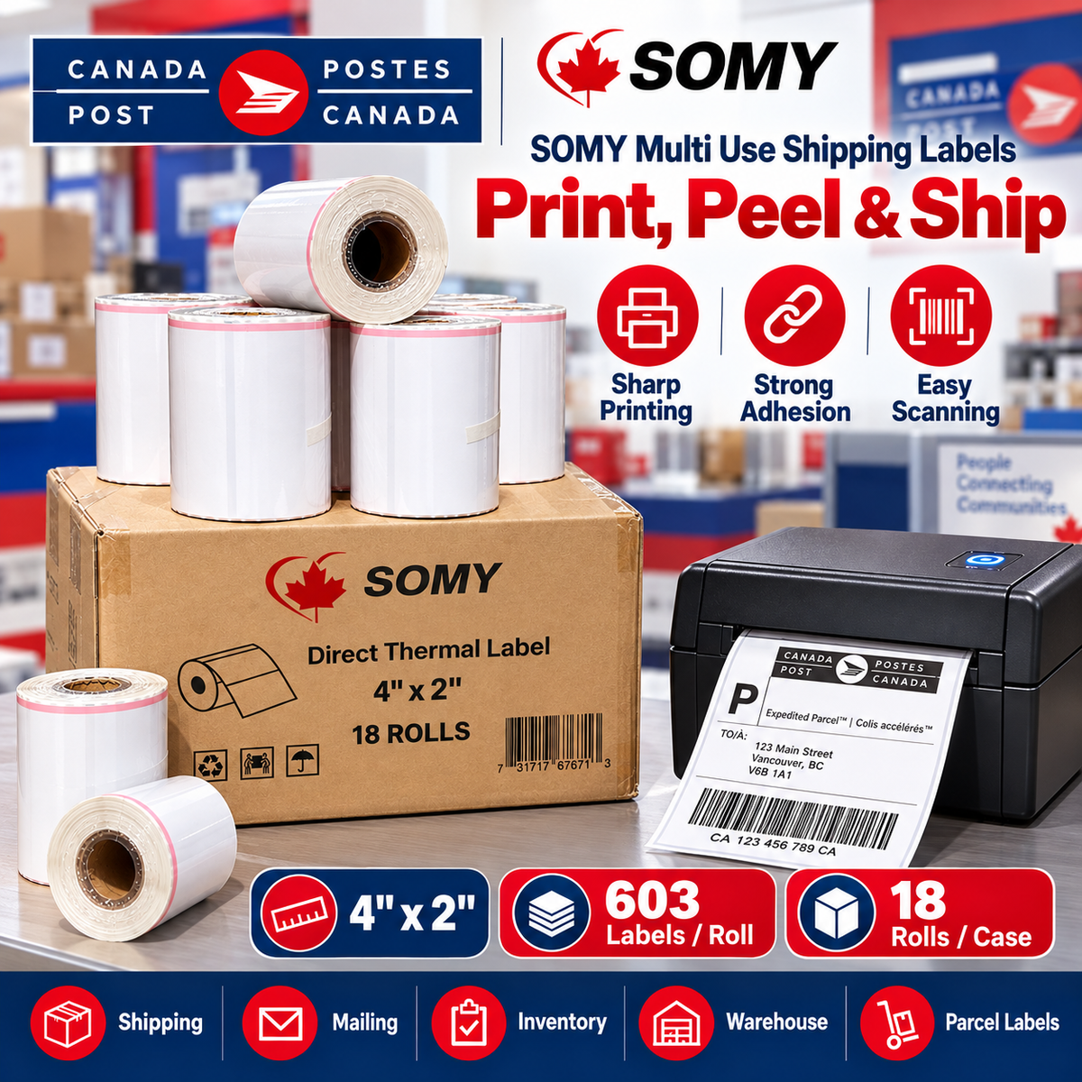 Canada Post RPO Shipping Labels – 2" Thermal, Waterproof, 603 Labels/Roll, 18 Rolls/Case