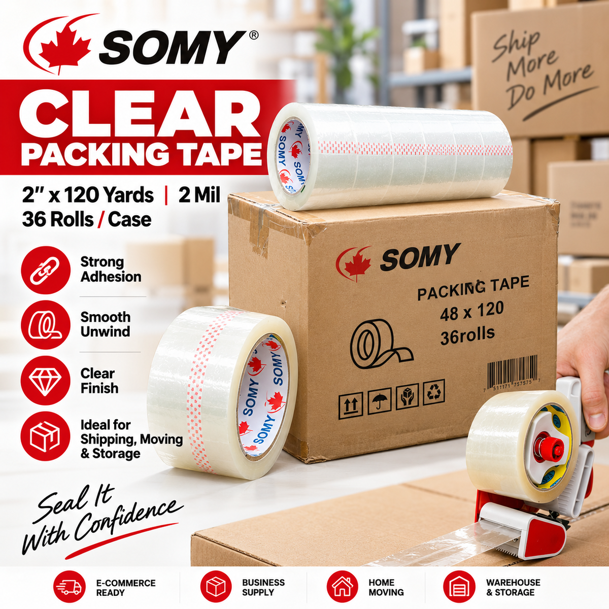 Industrial Packing Tape – 2" x 120 Yards, 2 Mil, 36 Rolls/Box